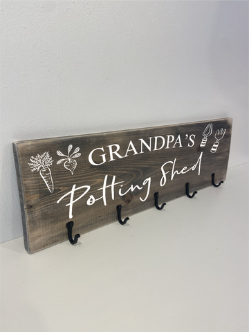 Personalised / Grandpa's potting shed handmade wooden sign with hooks