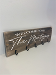 Welcome home Personalised rustic handmade wooden family name coat rack / sign with hooks